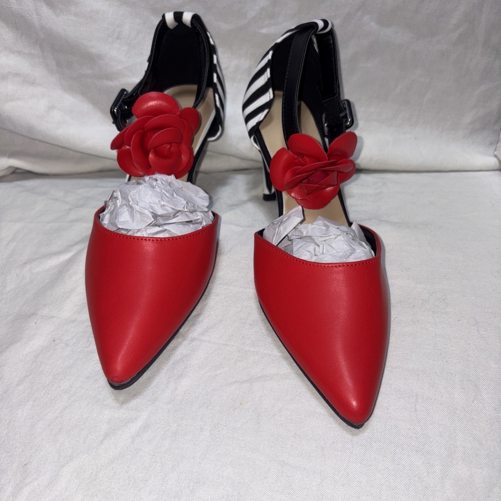 Womens Black White Stripe Heels &‎ Red Toe Glam Heels Sz 38
